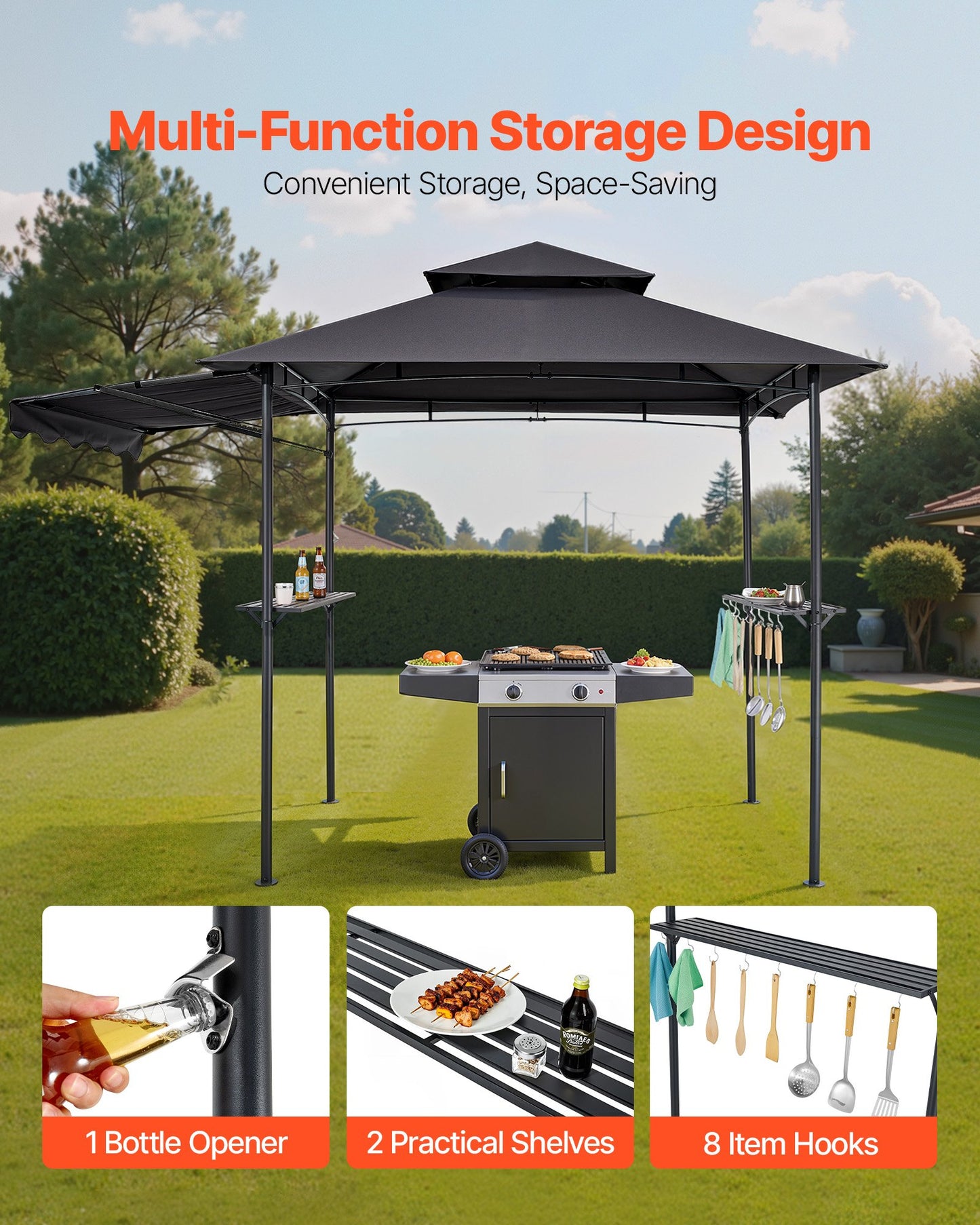 Grill Gazebo, 8 x 5 ft Double-Tiered Top, BBQ Gazebo with Extra Awning, Powder-Coated Steel Patio Grill Shelter with 2 Side Shelves, Bottle Opener & Hooks, Outdoor Grilling Canopy for Garden