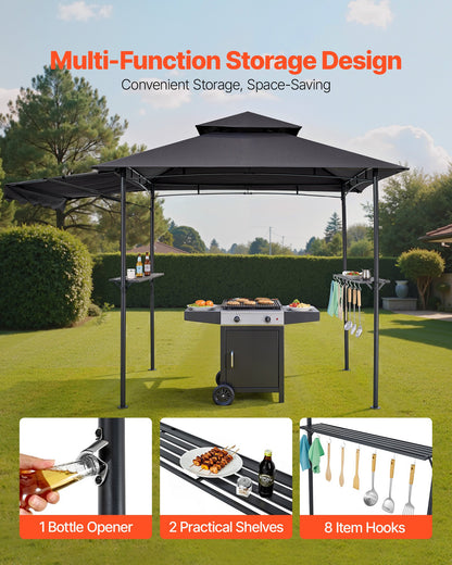 Grill Gazebo, 8 x 5 ft Double-Tiered Top, BBQ Gazebo with Extra Awning, Powder-Coated Steel Patio Grill Shelter with 2 Side Shelves, Bottle Opener & Hooks, Outdoor Grilling Canopy for Garden