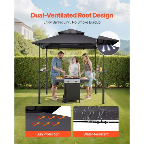 Grillpaviljong, 2,43 x 1,5 m förstärkt utomhusgrillpaviljong med dubbelt tak, pulverlackerat stålgrilltak med 2 sidohyllor och 8 krokar, grilltak för uteplats, bakgård och trädgård |  EU