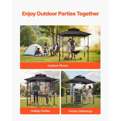 Grillpaviljong, 2,43 x 1,5 m förstärkt utomhusgrillpaviljong med dubbelt tak, pulverlackerat stålgrilltak med 2 sidohyllor och 8 krokar, grilltak för uteplats, bakgård och trädgård |  EU