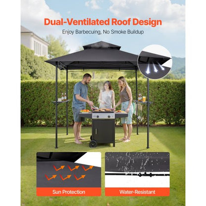 Grillpaviljong, 2,43 x 1,5 m utomhusgrillpaviljong med dubbelt tak, pulverlackerat stålgrilltak med 2 sidohyllor och 8 krokar, grilltak för uteplats, trädgård, picknick |  EU