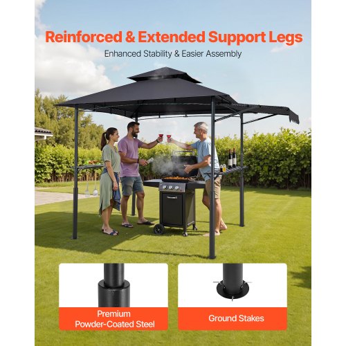 Grillpaviljong, 2,43 x 1,5 m dubbelt tak, förstärkt grillpaviljong med extra markis, pulverlackerat stålgrilltak med 2 sidohyllor och krokar, grilltak för trädgården |  EU