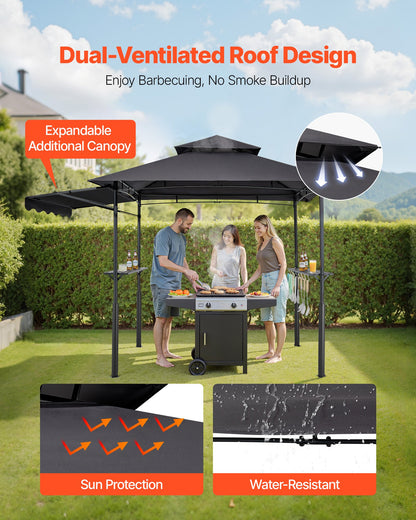 Grill Gazebo, 8 x 5 ft Double-Tiered Top, Reinforced BBQ Gazebo with Extra Awning, Powder-Coated Steel Patio Grill Shelter with 2 Side Shelves & Hooks, Outdoor Grilling Canopy for Garden