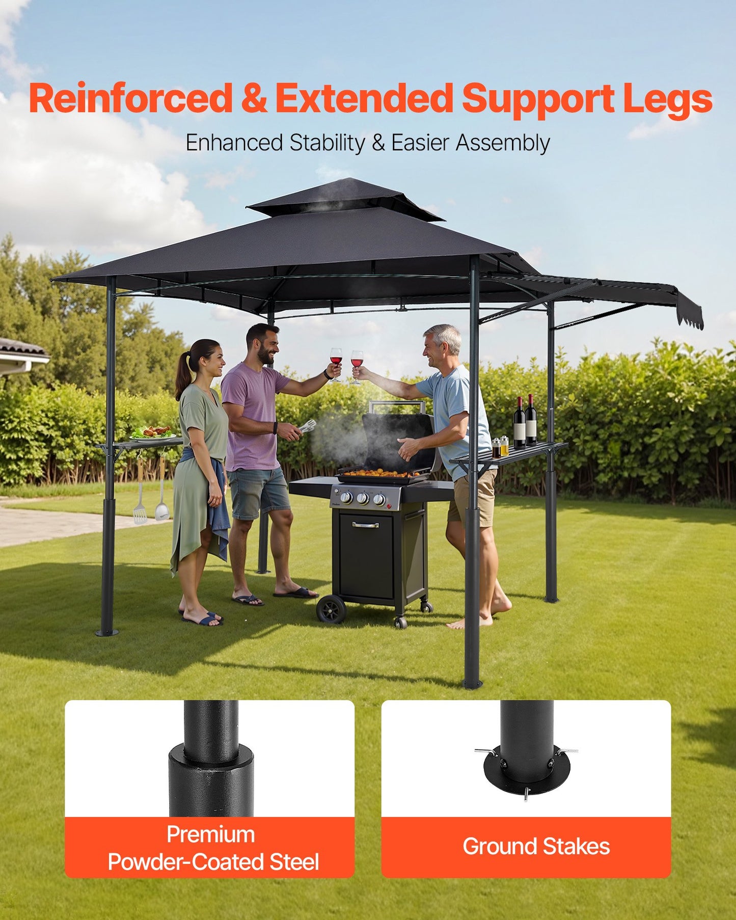 Grill Gazebo, 8 x 5 ft Double-Tiered Top, Reinforced BBQ Gazebo with Extra Awning, Powder-Coated Steel Patio Grill Shelter with 2 Side Shelves & Hooks, Outdoor Grilling Canopy for Garden