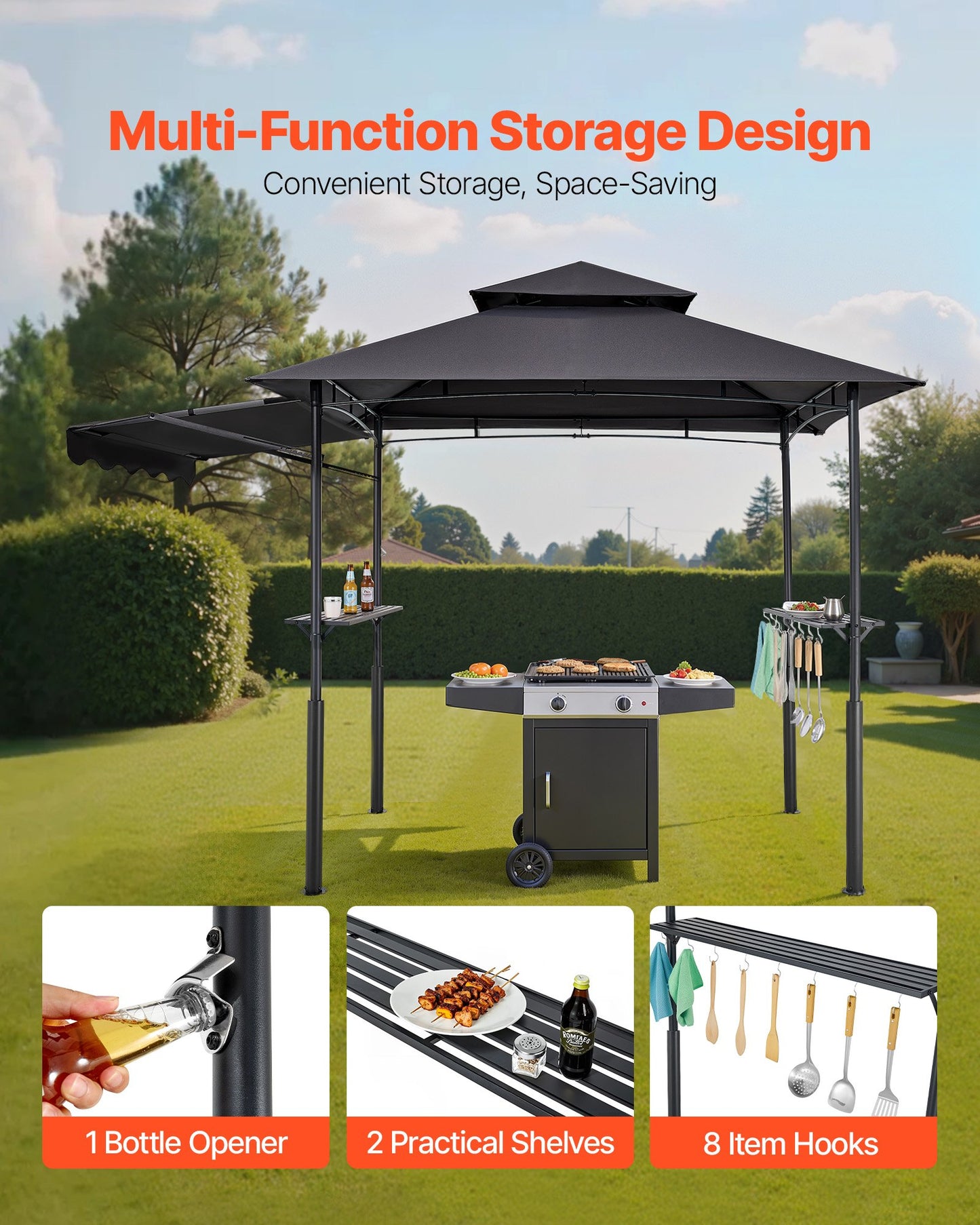Grill Gazebo, 8 x 5 ft Double-Tiered Top, Reinforced BBQ Gazebo with Extra Awning, Powder-Coated Steel Patio Grill Shelter with 2 Side Shelves & Hooks, Outdoor Grilling Canopy for Garden