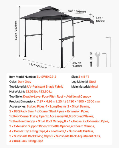 Grill Gazebo, 8 x 5 ft Double-Tiered Top, Reinforced BBQ Gazebo with Extra Awning, Powder-Coated Steel Patio Grill Shelter with 2 Side Shelves & Hooks, Outdoor Grilling Canopy for Garden