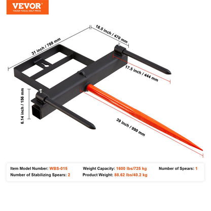 39-Zoll-Heuspieß, Ballenspieß mit 1600 Pfund Tragkraft, Schaufelaufsatz für Kompaktlader mit 2 17,5-Zoll-Stabilisierungsspießchen und 60-Zoll-Kette, Schnellbefestigungs-Nagelgabeln