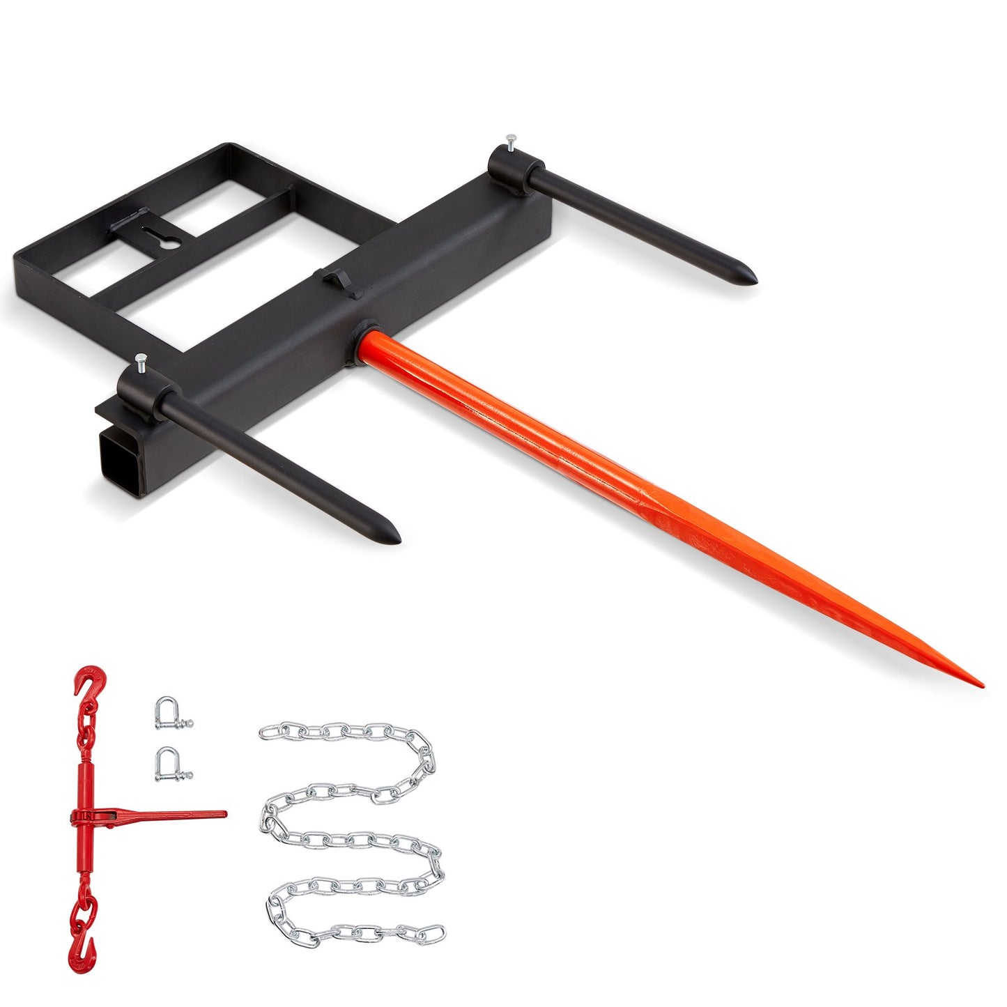 39-Zoll-Heuspieß, Ballenspieß mit 1600 Pfund Tragkraft, Schaufelaufsatz für Kompaktlader mit 2 17,5-Zoll-Stabilisierungsspießchen und 60-Zoll-Kette, Schnellbefestigungs-Nagelgabeln