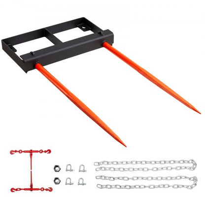 49" Hay Spear, Bale Spears 3000lbs Loading Capacity, Skid Steer Loader Tractor Bucket Attachment with 2pcs 17.5" Stabilizer Spears and 60" Chain, Quick Attach Spike Forks