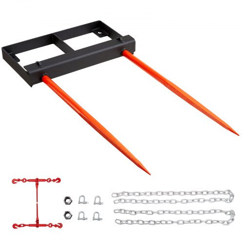 49" Hay Spear, Bale Spears 3000lbs Loading Capacity, Skid Steer Loader Tractor Bucket Attachment with 2pcs 17.5" Stabilizer Spears and 60" Chain, Quick Attach Spike Forks