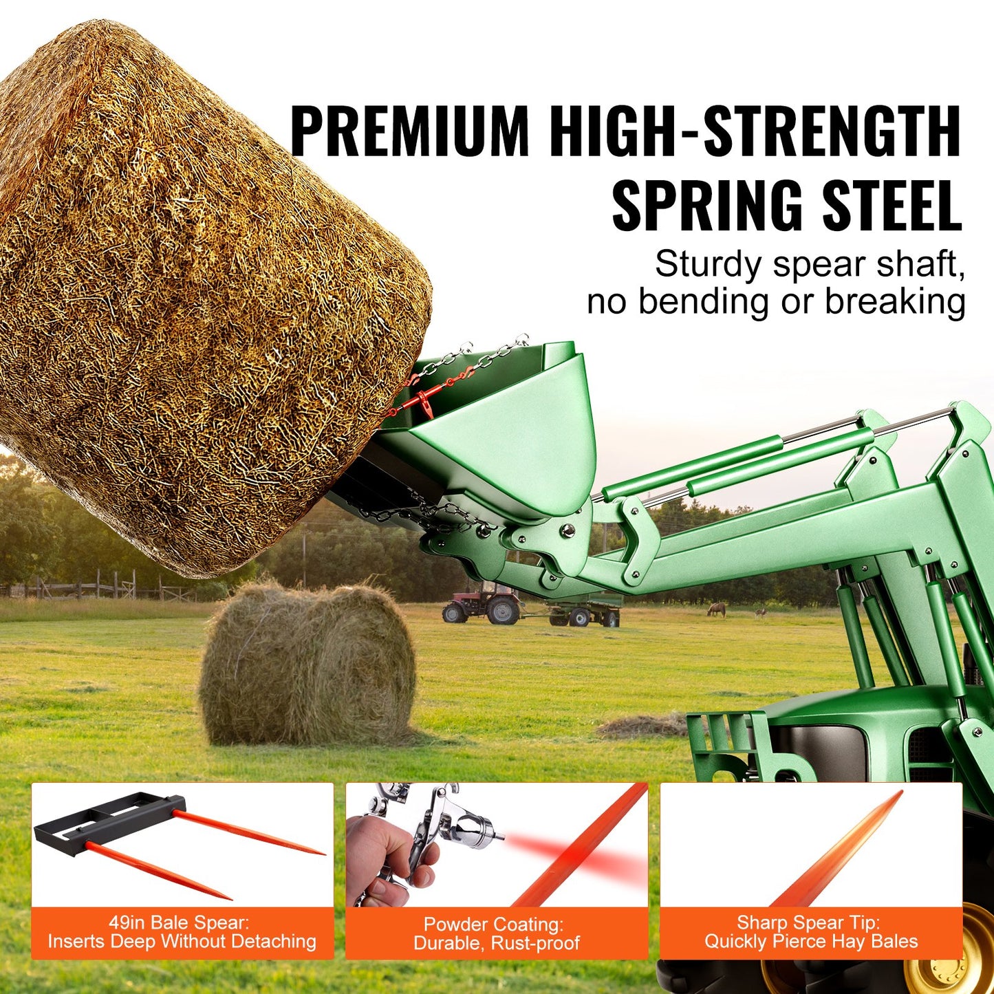 49" Hay Spear, Bale Spears 3000lbs Loading Capacity, Skid Steer Loader Tractor Bucket Attachment with 2pcs 17.5" Stabilizer Spears and 60" Chain, Quick Attach Spike Forks