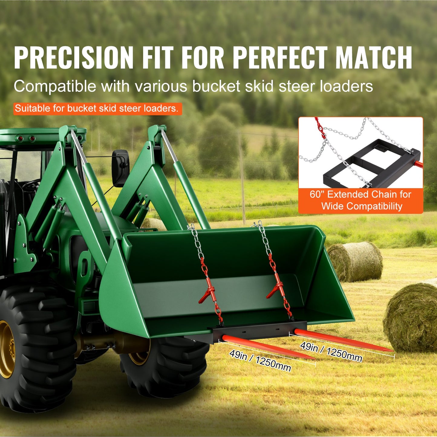 49" Hay Spear, Bale Spears 3000lbs Loading Capacity, Skid Steer Loader Tractor Bucket Attachment with 2pcs 17.5" Stabilizer Spears and 60" Chain, Quick Attach Spike Forks