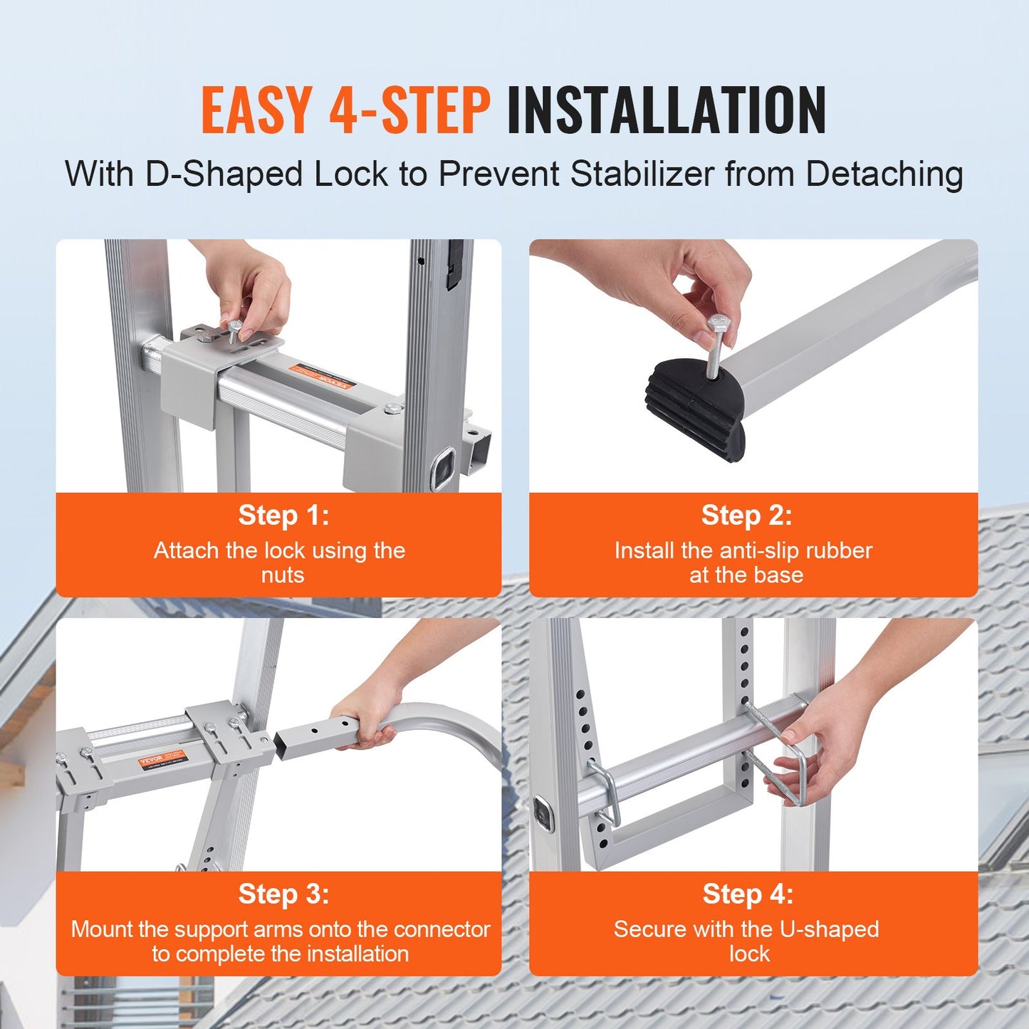 Ladder Stabilizer, Heavy Duty Steel Ladder Roof Hook, Ladder Stabilizer with Wing Span/Wall Extension Accessory, Stable Ladder Standoff Arms for Roof Gutter with Anti-Slip Rubber Feet