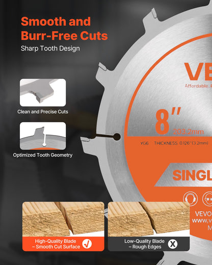Dado Blade Set, 8 inch Diameter, 12 Sharp Alloy Teeth, 5/8 inch Arbor, Fine Finish, Stacking Dado Blades with Chippers and Shims, Noise-Reducing Heat Vents, for Cutting Plywood, OSB, Hardwood