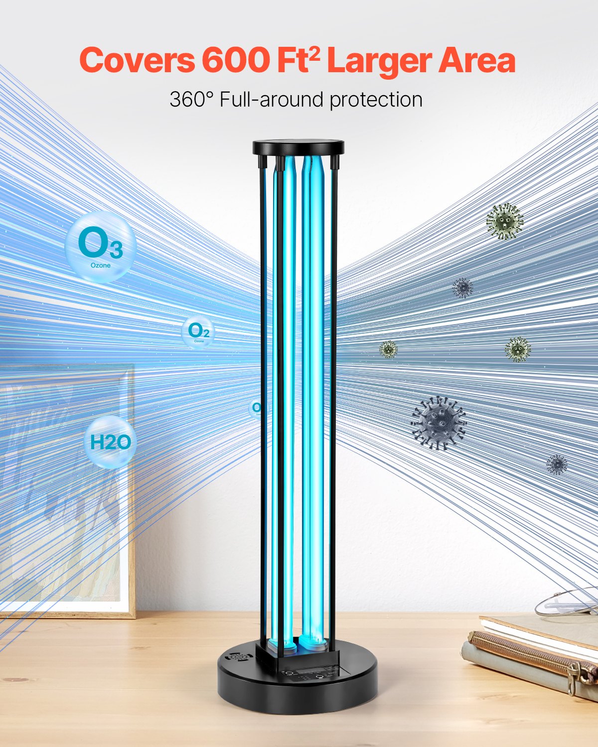 UV Light, 110W Ultraviolet Lamp with Ozone Purifier, UVC Lamp with 30/60/120 Minutes 3-Gear Timer and Remote Control, for Room up to 600 sqft, UVO Lights for Living Room, Bedroom, Hotel, School