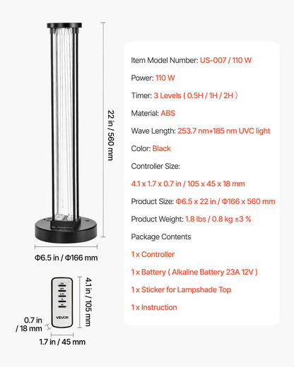 UV Light, 110W Ultraviolet Lamp with Ozone Purifier, UVC Lamp with 30/60/120 Minutes 3-Gear Timer and Remote Control, for Room up to 600 sqft, UVO Lights for Living Room, Bedroom, Hotel, School