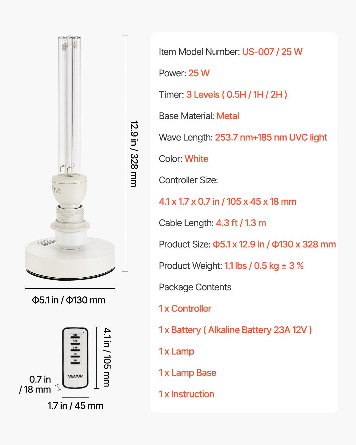 UV Light, 25W Ultraviolet Lamp with Ozone Purifier, Portable UVC Lamp with Remote Control, UVO Light Bulb with Base and 30/60/120 Min 3-Gear Timer, for 400 sqft Living Room, Bedroom, Hotel