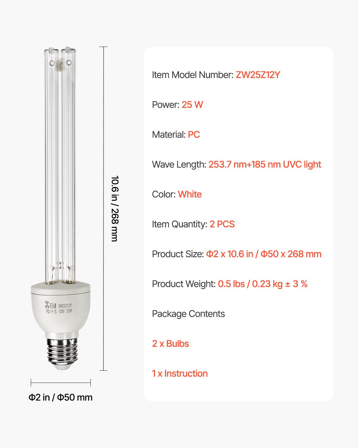 UV Light Bulb, 2 Pack, 25W Replacement Ultraviolet UVC Lamp with Ozone, 253.7 nm + 185 nm Wavelength UVO Light Bulb, E27 Universal, for 400 sqft Living Room, Classroom, Office, Restaurant
