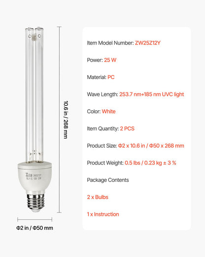 UV Light Bulb, 2 Pack, 25W Replacement Ultraviolet UVC Lamp with Ozone, 253.7 nm + 185 nm Wavelength UVO Light Bulb, E27 Universal, for 400 sqft Living Room, Classroom, Office, Restaurant