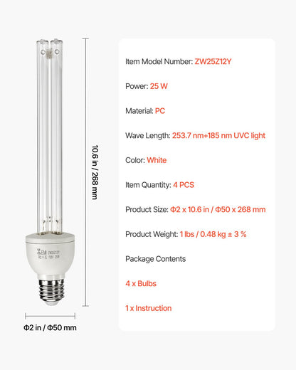 UV Light Bulb, 4 Pack, 25W Replacement Ultraviolet UVC Lamp with Ozone, 253.7 nm + 185 nm Wavelength UVO Light Bulb, E27 Universal, for 400 sqft Living Room, Classroom, Office, Restaurant