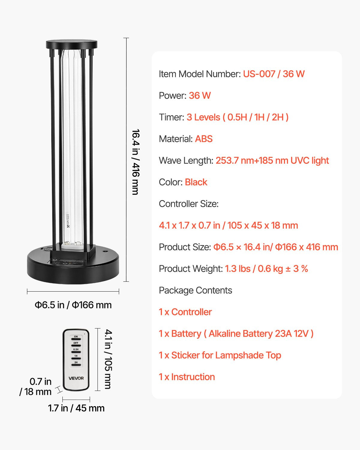 UV Light, 36W Ultraviolet Lamp with Ozone Purifier, UVC Lamp with 30/60/120 Minutes 3-Gear Timer and Remote Control, for Room up to 400 sqft, UVO Lights for Living Room, Bedroom, Hotel, School