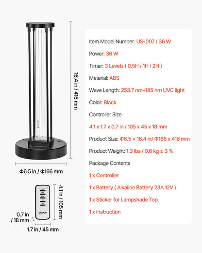 UV Light, 36W Ultraviolet Lamp with Ozone Purifier, UVC Lamp with 30/60/120 Minutes 3-Gear Timer and Remote Control, for Room up to 400 sqft, UVO Lights for Living Room, Bedroom, Hotel, School
