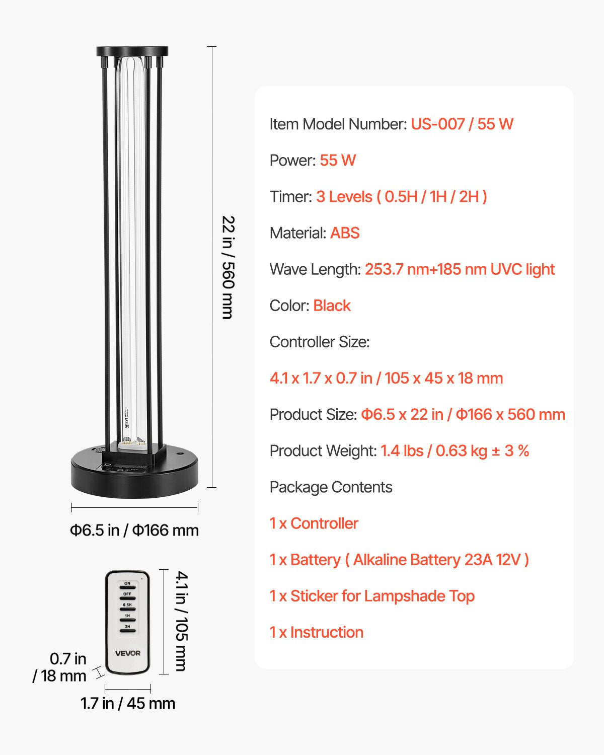 UV Light, 55W Ultraviolet Lamp with Ozone Purifier, UVC Lamp with 30/60/120 Minutes 3-Gear Timer and Remote Control, for Room up to 750 sqft, UVO Lights for Living Room, Bedroom, Hotel, School