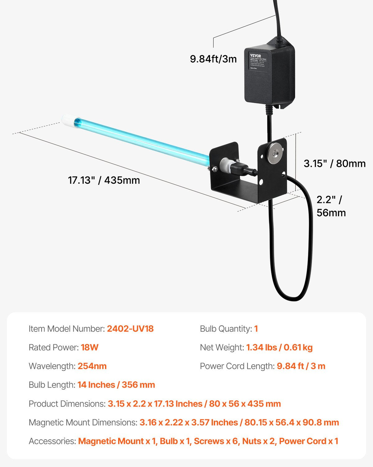 HVAC-Luftreiniger 18W 14 Zoll UV-Licht-Spulenreiniger mit Magnet im Kanal