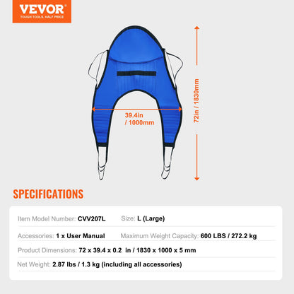 Patient Lift Sling with Head Support- Large Size, Universal Patient Lift Sling, Divided Leg Transfer Sling for Bathing, Patient Lift Medical Sling for Elderly, Disabled, Bedridden, 600LBS
