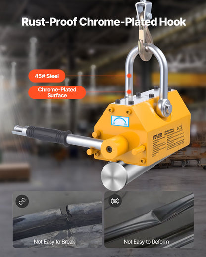 Permanent Magnetic Lifter, 1320 lbs Pulling Capacity, Heavy Duty N42 Neodymium Lifting Magnet with Release Handle and Steel Hook, Used in Shop Crane and Hoist, for Lifting Plate Steel, Board