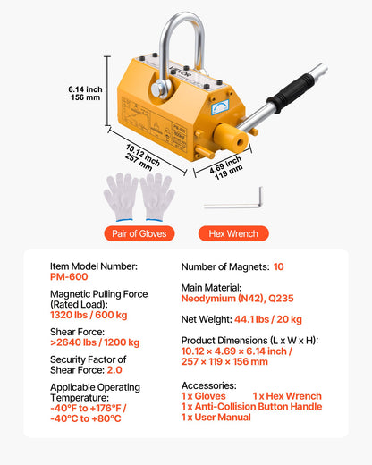 Permanent Magnetic Lifter, 1320 lbs Pulling Capacity, Heavy Duty N42 Neodymium Lifting Magnet with Release Handle and Steel Hook, Used in Shop Crane and Hoist, for Lifting Plate Steel, Board