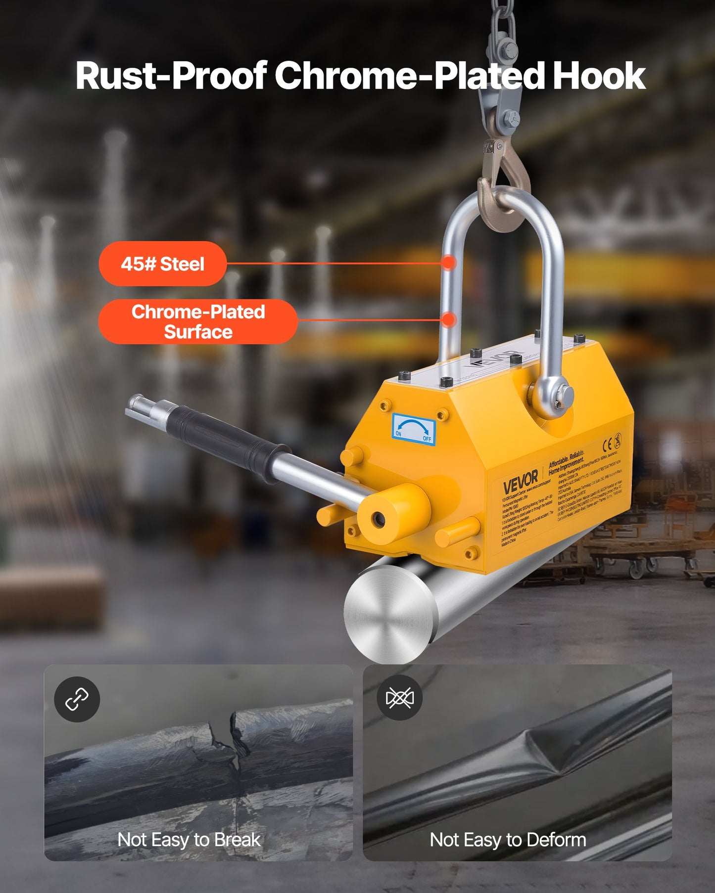 Permanent Magnetic Lifter, 2200 lbs Pulling Capacity, Heavy Duty N42 Neodymium Lifting Magnet with Release Handle and Steel Hook, Used in Shop Crane and Hoist, for Lifting Plate Steel, Board