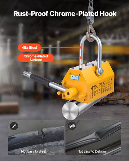 Permanent Magnetic Lifter, 2200 lbs Pulling Capacity, Heavy Duty N42 Neodymium Lifting Magnet with Release Handle and Steel Hook, Used in Shop Crane and Hoist, for Lifting Plate Steel, Board