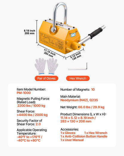 Permanent Magnetic Lifter, 2200 lbs Pulling Capacity, Heavy Duty N42 Neodymium Lifting Magnet with Release Handle and Steel Hook, Used in Shop Crane and Hoist, for Lifting Plate Steel, Board