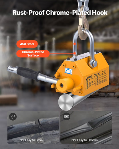 Permanent Magnetic Lifter, 880 lbs Pulling Capacity, Heavy Duty N42 Neodymium Lifting Magnet with Release Handle and Steel Hook, Used in Shop Crane and Hoist, for Lifting Plate Steel, Board