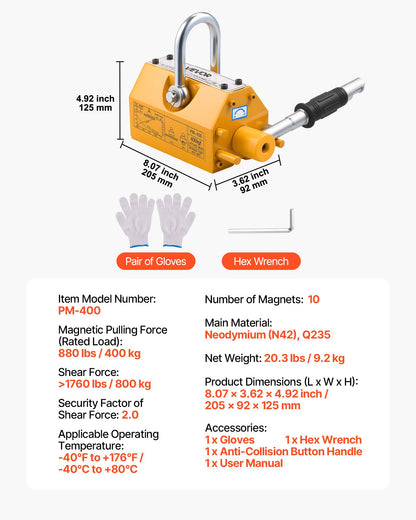 Permanent Magnetic Lifter, 880 lbs Pulling Capacity, Heavy Duty N42 Neodymium Lifting Magnet with Release Handle and Steel Hook, Used in Shop Crane and Hoist, for Lifting Plate Steel, Board