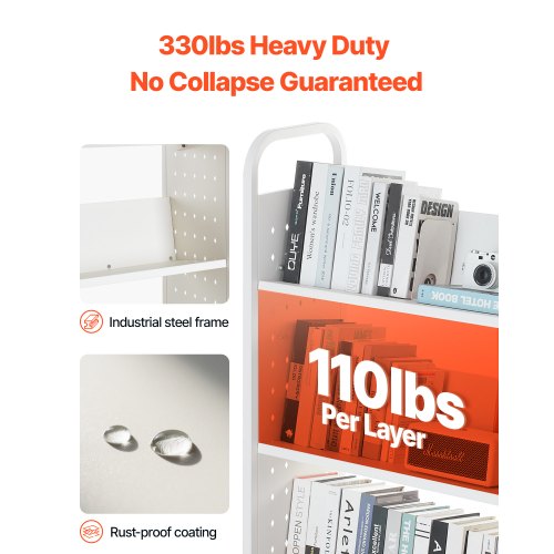 3-stöckiger Bücherwagen mit Rollen, einseitiger Bücherwagen mit V-förmigem Regal in Weiß | EU