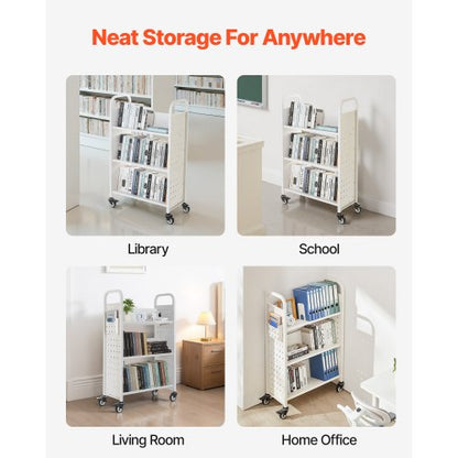 3-stöckiger Bücherwagen mit Rollen, einseitiger Bücherwagen mit V-förmigem Regal in Weiß | EU