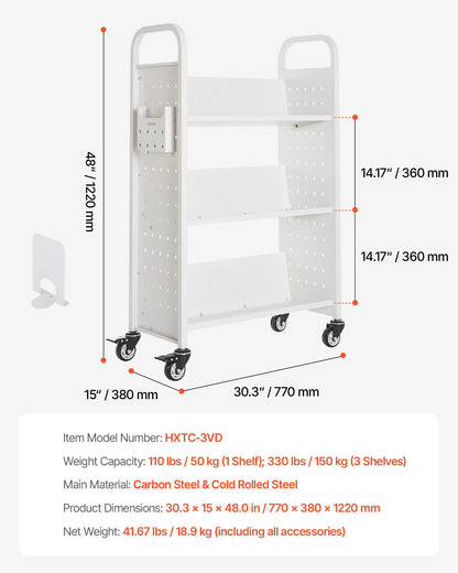 Rolling Library Book Cart, 330 lbs Capacity, 30.3 x 15 x 48.0-Inch Library Cart, Single Sided V-Shaped Shelves with 3-Inch Lockable Wheels, Book Truck for Home Shelves Office and School, White