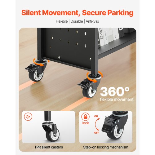 3-stöckiger Bücherwagen mit Rollen, einseitiger Bücherwagen mit V-förmigem Regal in Schwarz | EU