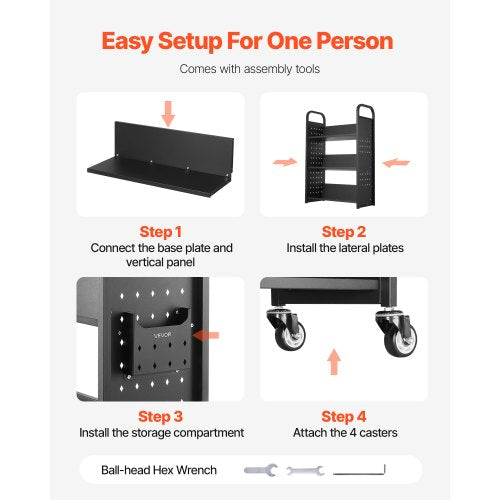 3-stöckiger Bücherwagen mit Rollen, einseitiger Bücherwagen mit V-förmigem Regal in Schwarz | EU