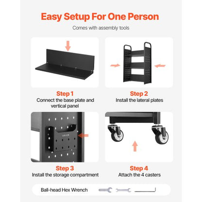 3-stöckiger Bücherwagen mit Rollen, einseitiger Bücherwagen mit V-förmigem Regal in Schwarz | EU