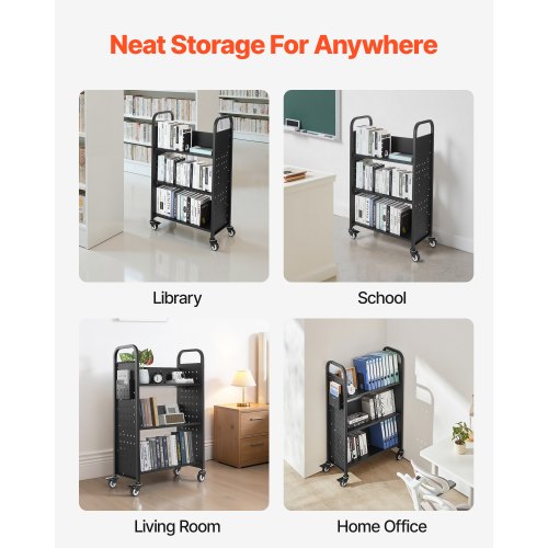 3-stöckiger Bücherwagen mit Rollen, einseitiger Bücherwagen mit V-förmigem Regal in Schwarz | EU