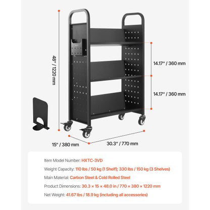 3-stöckiger Bücherwagen mit Rollen, einseitiger Bücherwagen mit V-förmigem Regal in Schwarz | EU
