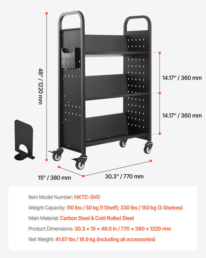 Rolling Library Book Cart, 330 lbs Capacity, 30.3 x 15 x 48.0-Inch Library Cart, Single Sided V-Shaped Shelves with 3-Inch Lockable Wheels, Book Truck for Home Shelves Office and School, Black