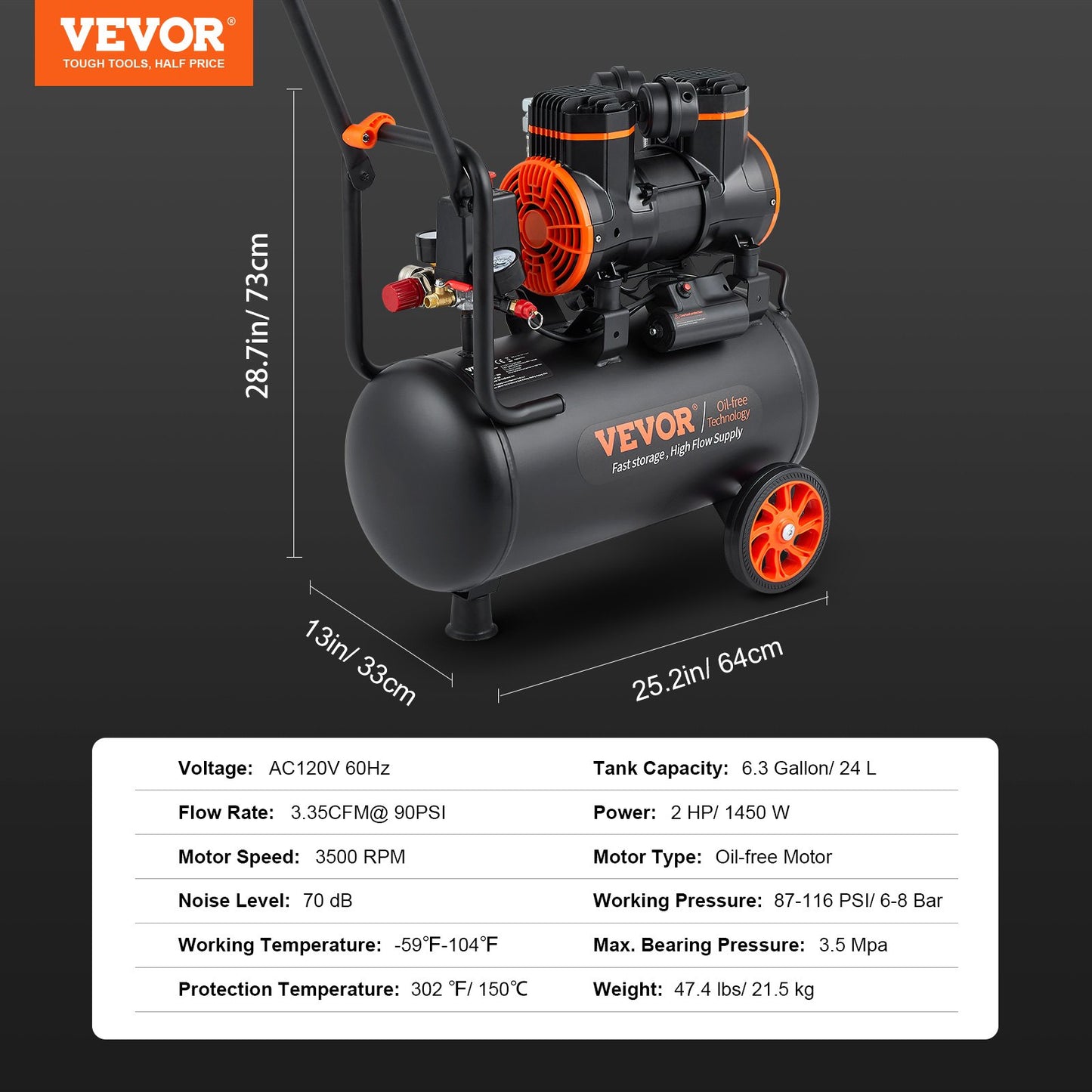 6.3 Gallon Air Compressor, 2 HP 3.35 CFM@90PSI Air Compressors with Max. 116PSI Pressure, Oil Free Compressor Tank for Auto Repair, Tire Inflation, Spray Painting, Woodwork Nailing