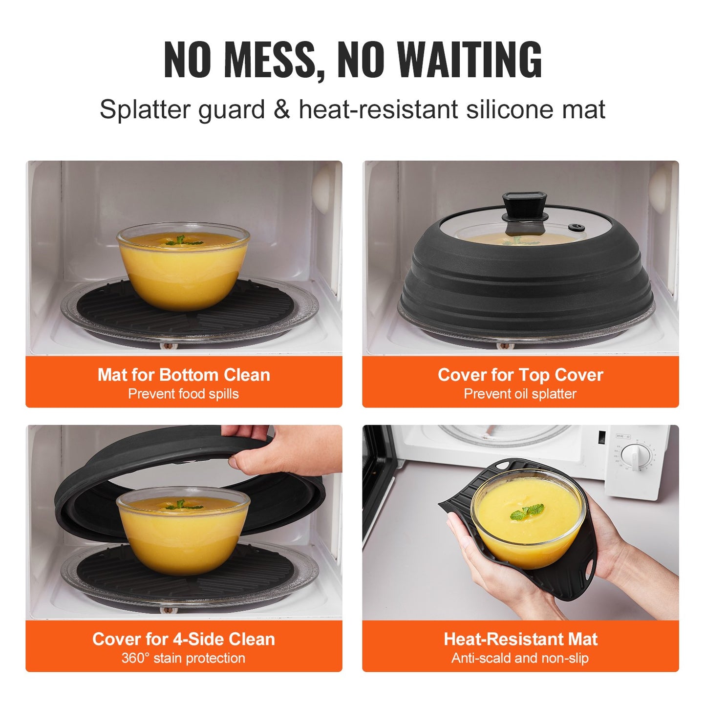 Microwave Splatter Cover & Mat, 10.8" Collapsible Microwave Lid for Food, 500°F Heat-Resistant Silicone & Tempered Glass Splatter Guard for Plate Dish, Multi-Purpose Kitchen Gadget with Handle