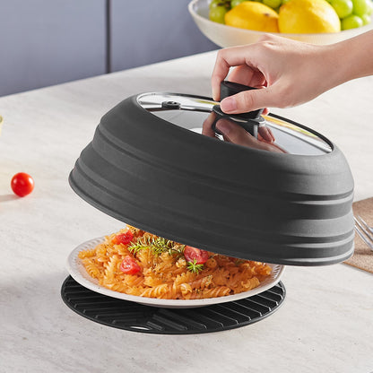 Microwave Splatter Cover & Mat, 10.8" Collapsible Microwave Lid for Food, 500°F Heat-Resistant Silicone & Tempered Glass Splatter Guard for Plate Dish, Multi-Purpose Kitchen Gadget with Handle