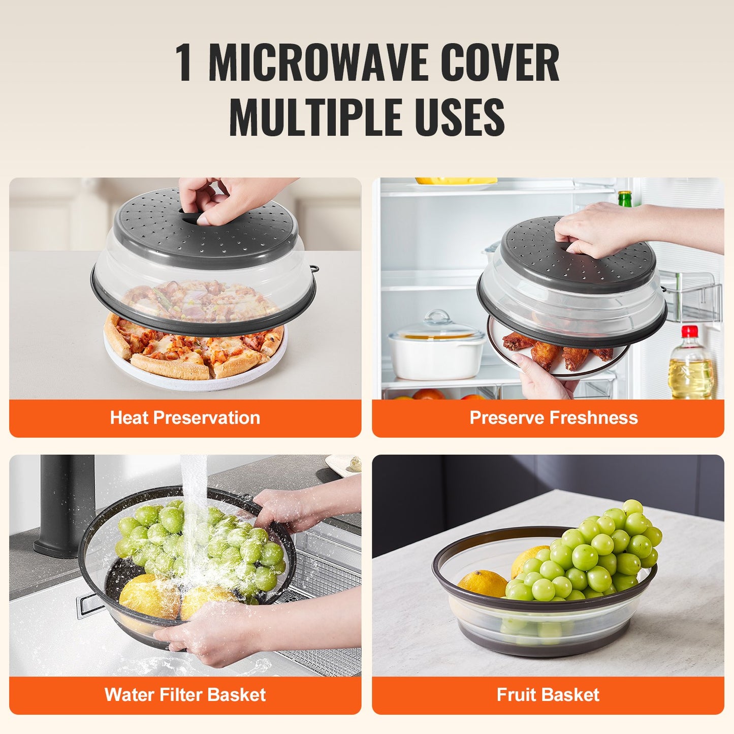 2PCS Microwave Splatter Covers, 10.4" Collapsible Microwave Lid for Food, 300°F Heat-Resistant PP Splatter Guard for Plate Dish, Multi-Use Kitchen Colander Gadget for Washing Fruits Vegetables