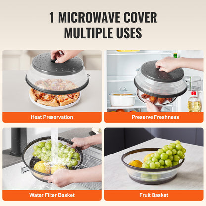 2PCS Microwave Splatter Covers, 10.4" Collapsible Microwave Lid for Food, 300°F Heat-Resistant PP Splatter Guard for Plate Dish, Multi-Use Kitchen Colander Gadget for Washing Fruits Vegetables